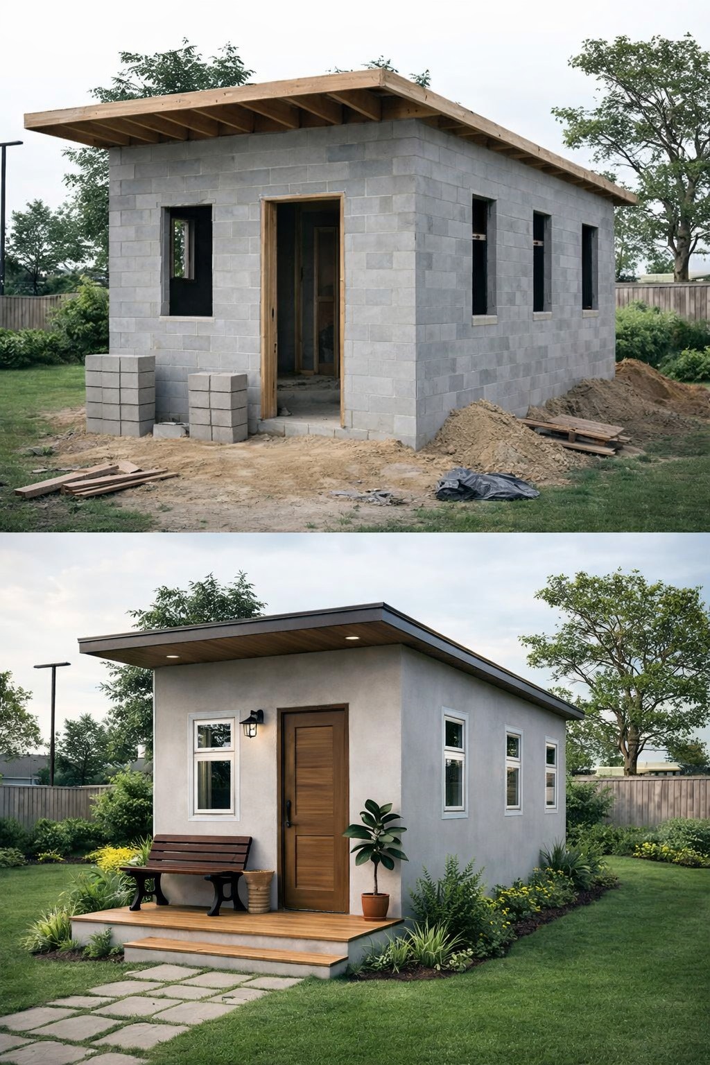 Tiny - From Raw Blocks to Modern Backyard Studio This side-by-side ...