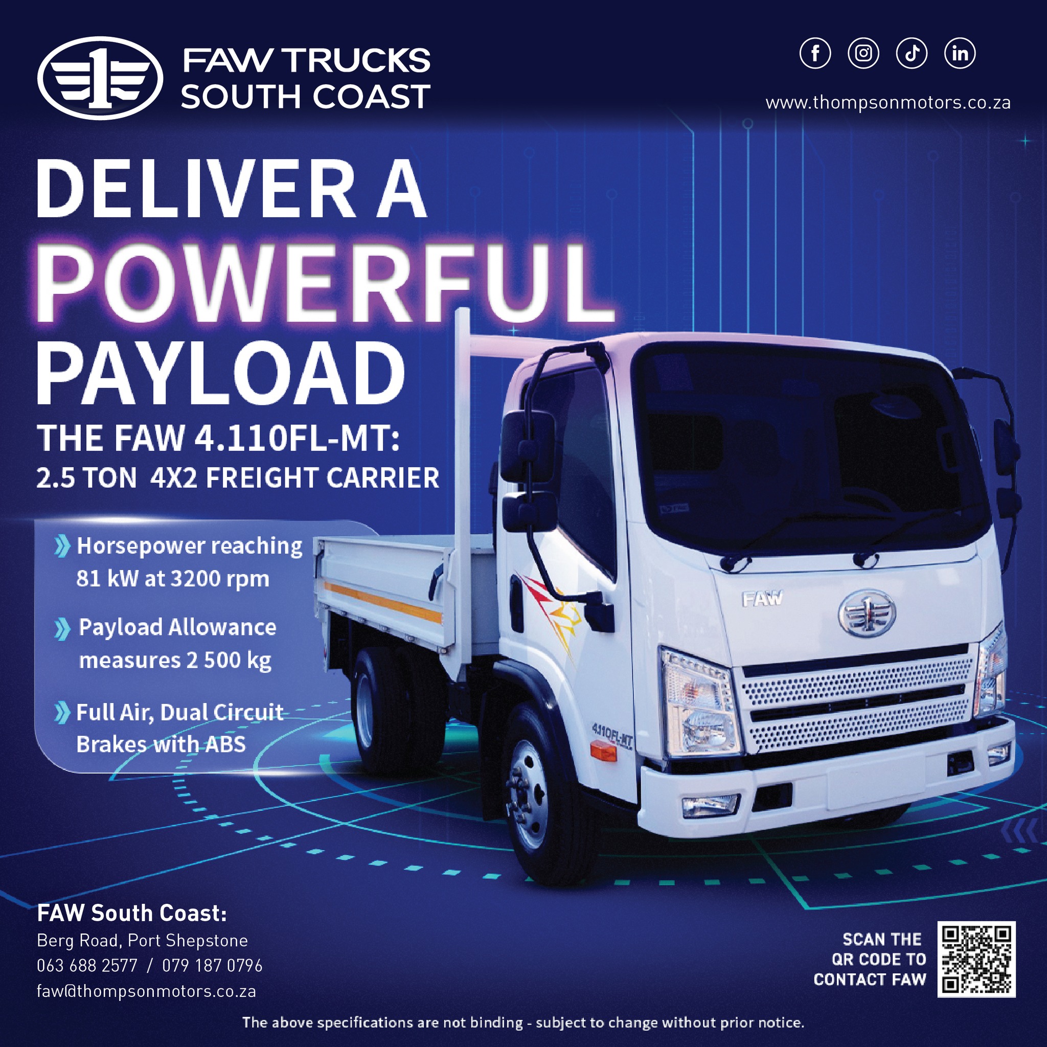 FAW - DELIVER a POWERFUL PAYLOAD with the FAW 4.110FL-MT (2.5 Ton ...