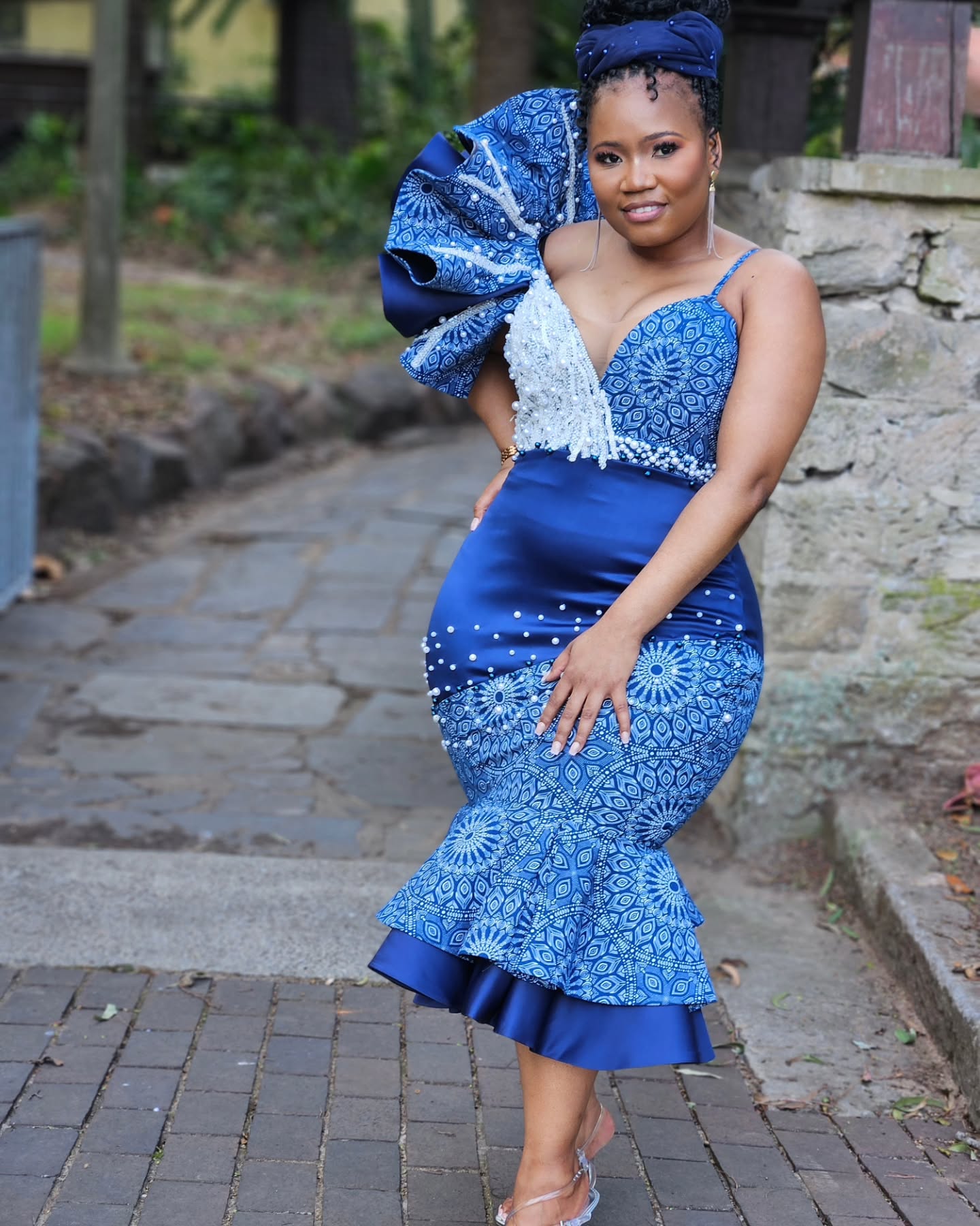 chinese dress ladies Green Shweshwe Makoti Dress + Doek – KHOSI NKOSI main image 0