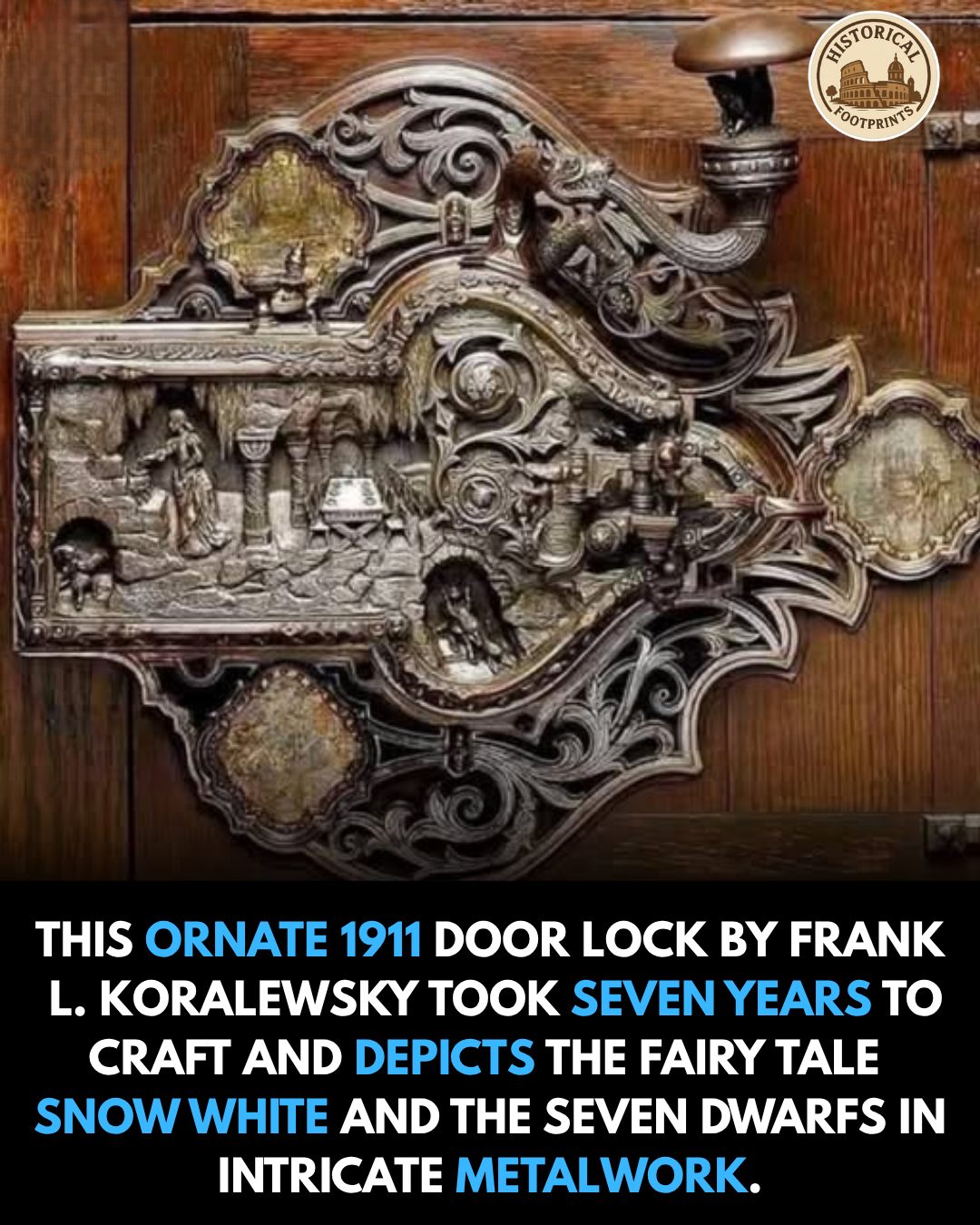 Gold, silver, and bronze door lock with Snow White scenes