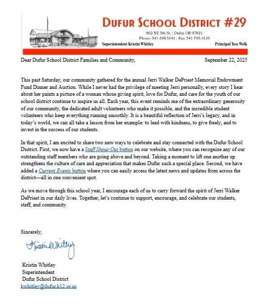 Dufur - Superintendent September letter from Mrs. Whitley. The staff ...