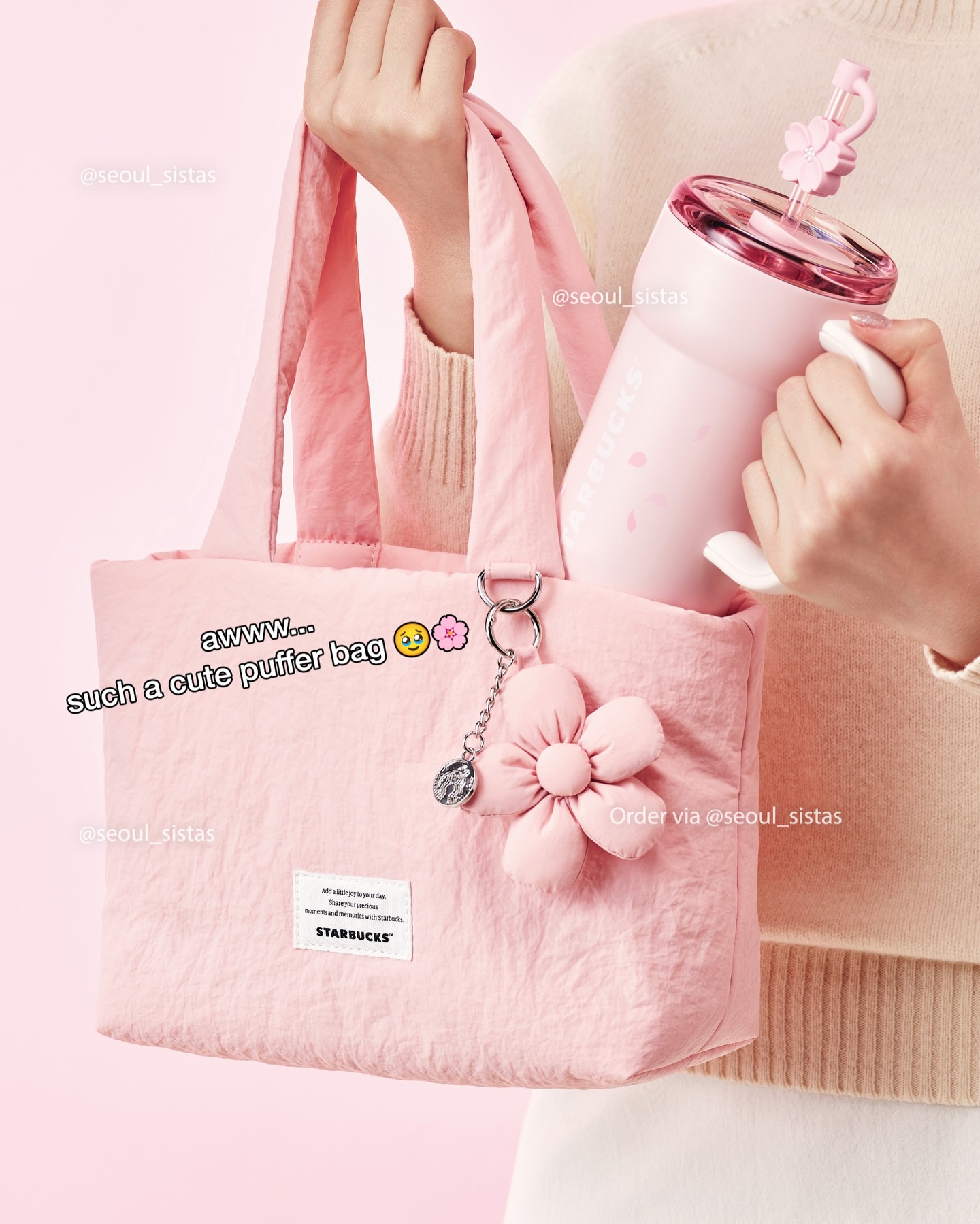 🌸💖Starbucks Korea 2026 Cherry Blossom Blooming Pink Nylon Bag
