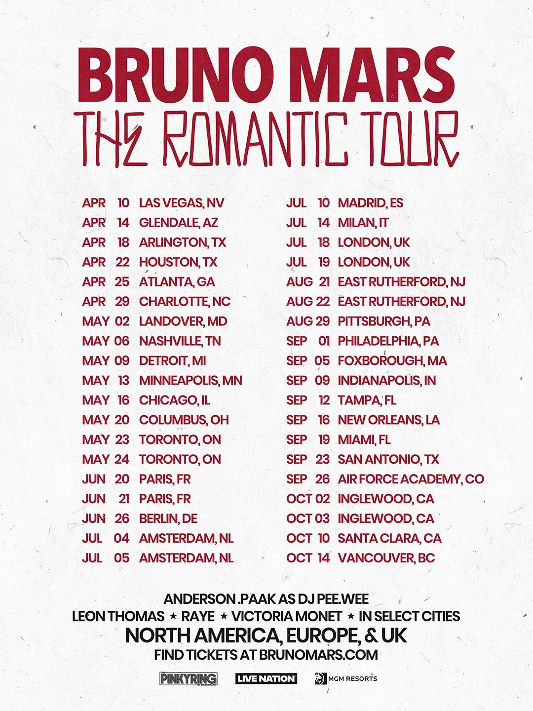Bruno Mars announces The Romantic Tour with Anderson .Paak and more