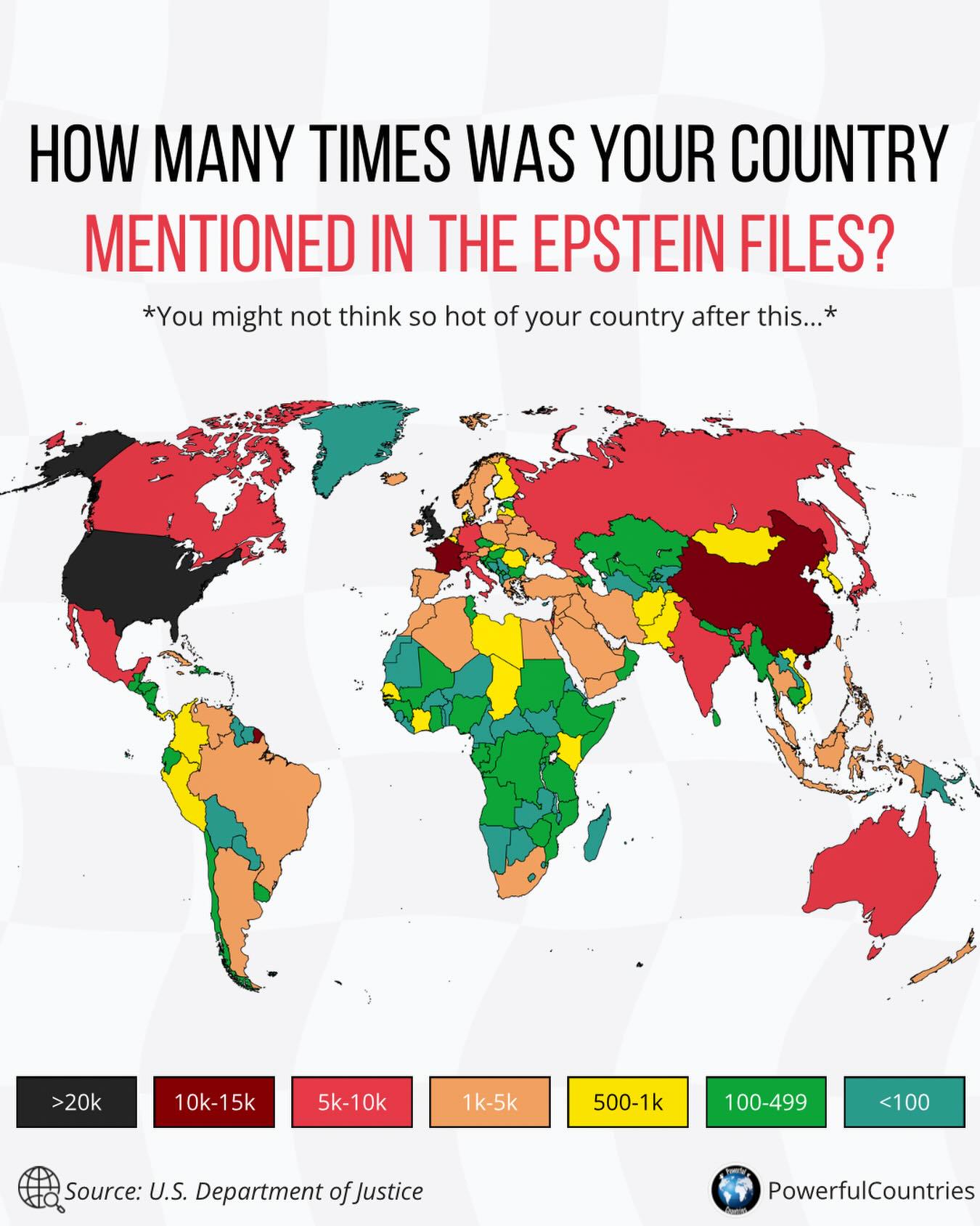 Online - How many times countries are mentioned in Epstein files? (by ...