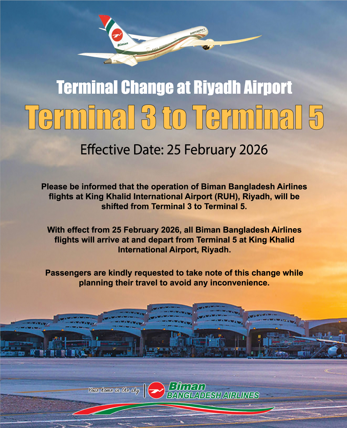 Biman - Notice: Terminal Change at Riyadh Airport From 25 February 2026 ...