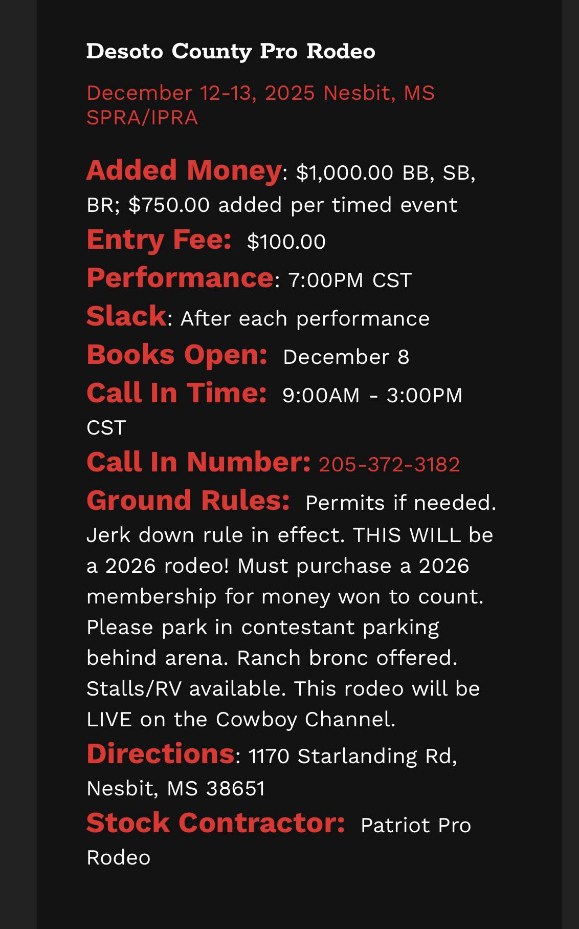 SPRA - 💥💥NEW DATE💥💥 Nesbit, MS DECEMBER 12-13 FIRST RODEO for the 2026 ...