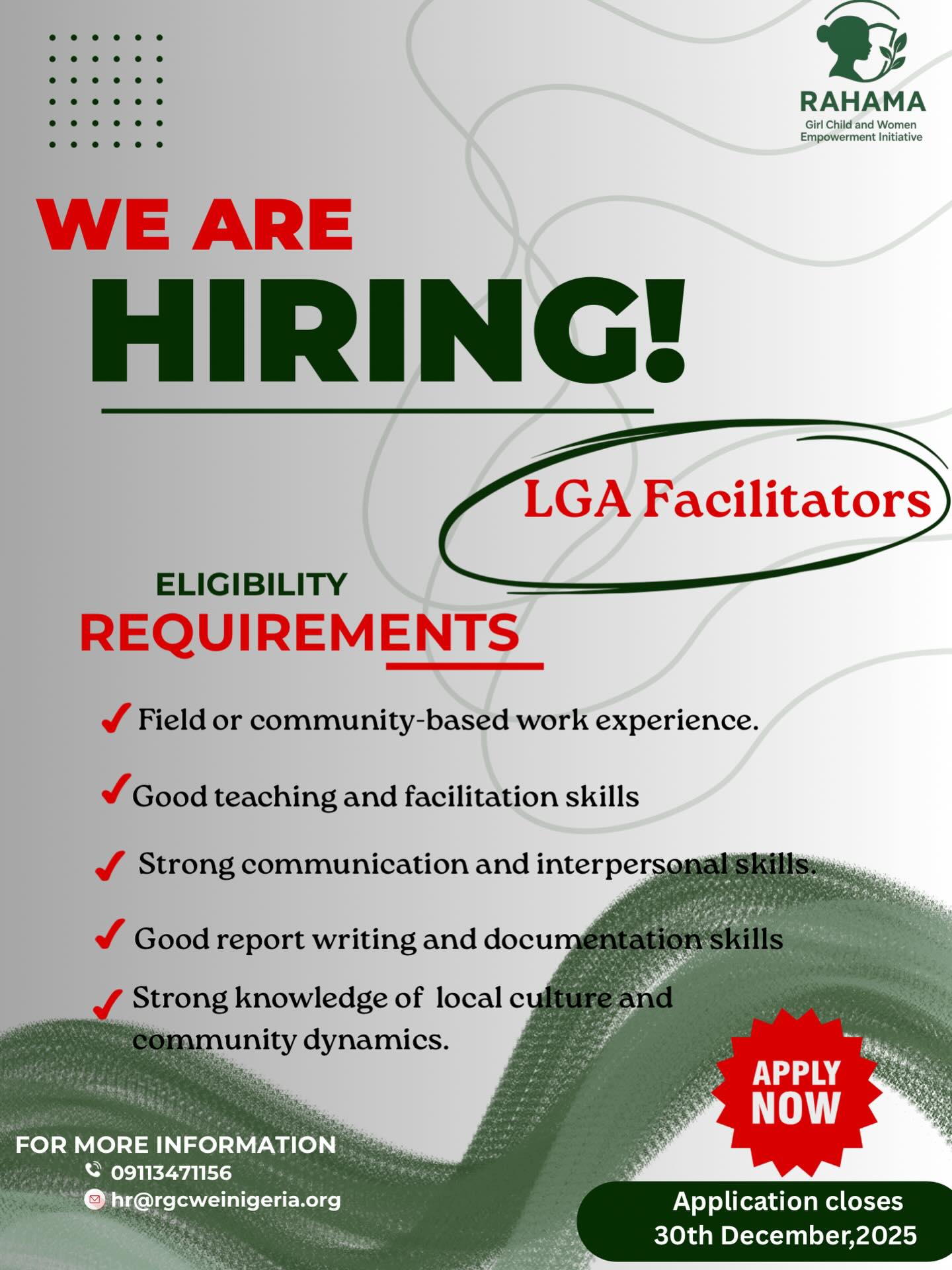 Rahama - 🌟 We’re Hiring! LGA Education & Protection Facilitators RAHAMA ...
