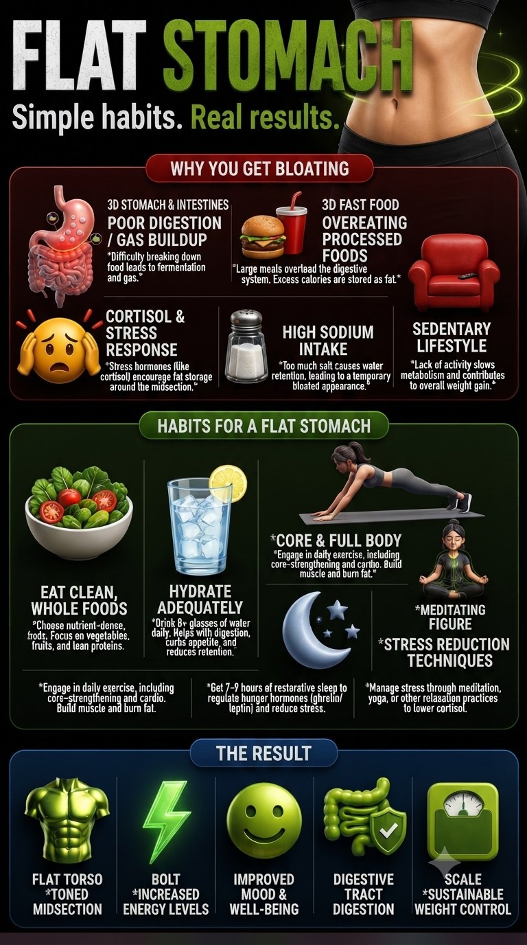 A flatter stomach is often the result of healthy lifestyle habits rather than extreme diets or quick-fix products. Regular bloating may occur due to overeating, excessive salt intake, carbonated drinks, stress, poor
