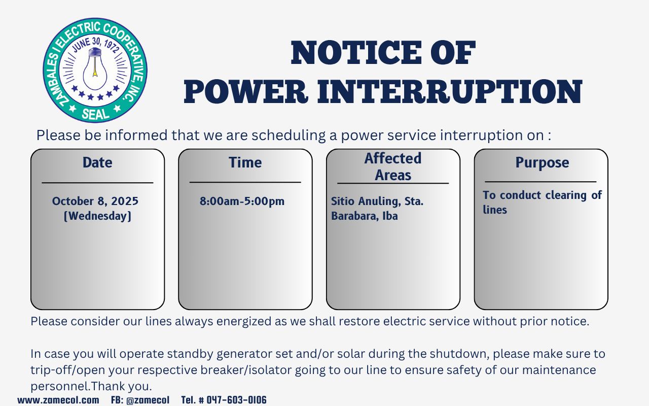 ZAMECO I Advisory - Zambales I Electric Cooperative, Inc. | Facebook