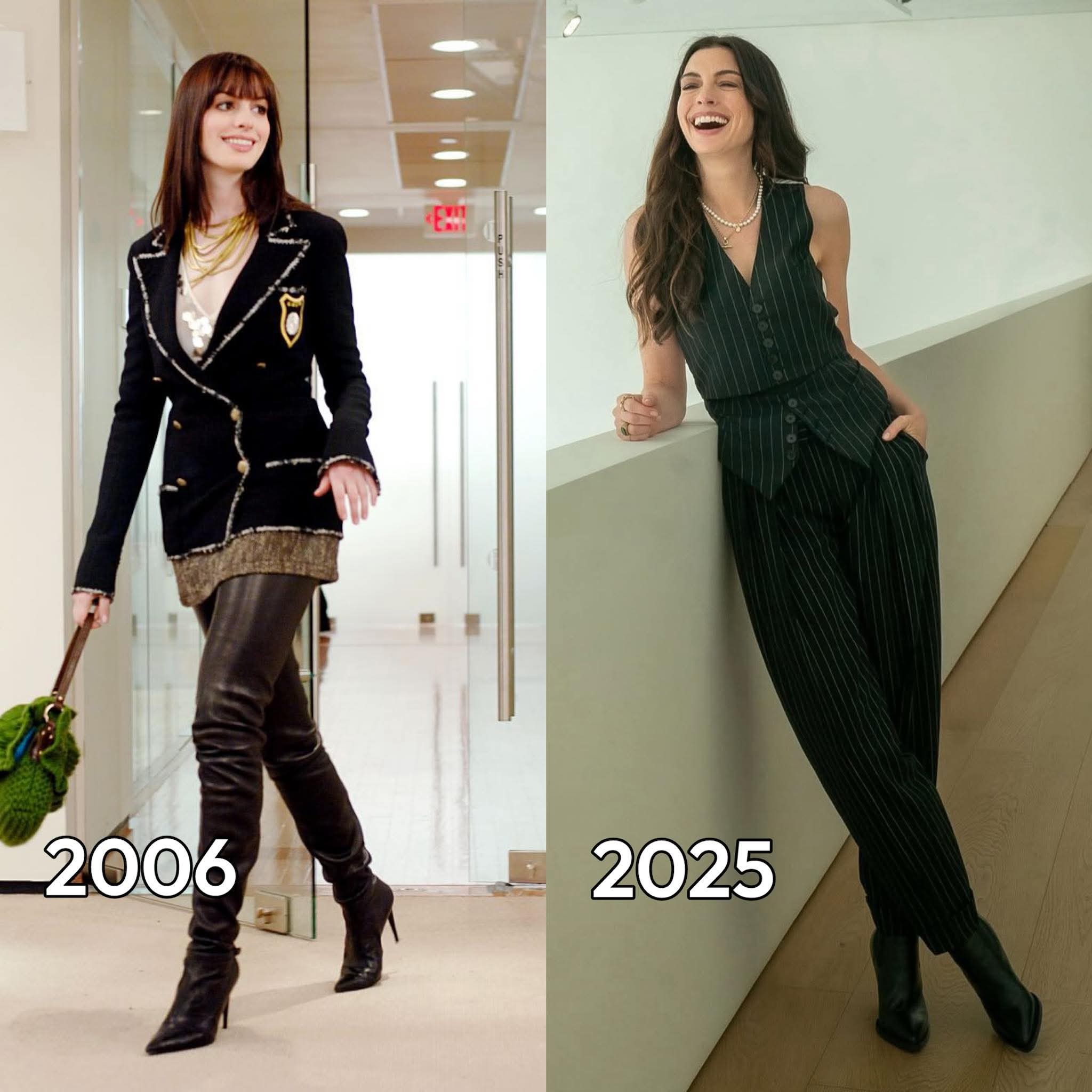 Anne Hathaway wears her iconic green coat from 'THE DEVIL WEARS PRADA' (2006) again to promote the sequel