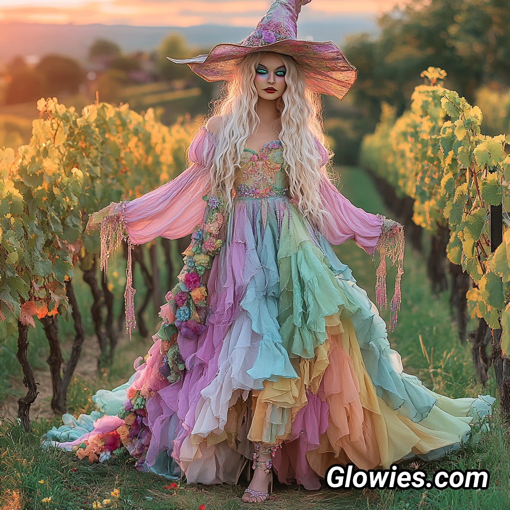 A pastel witch showed off her pretty dress at a fashion show in the haunted grape vines! 🌽🧙‍♀️💫 Her outfit was soft pinks and purples with sparkles and cute witchy vibes. Ghosts