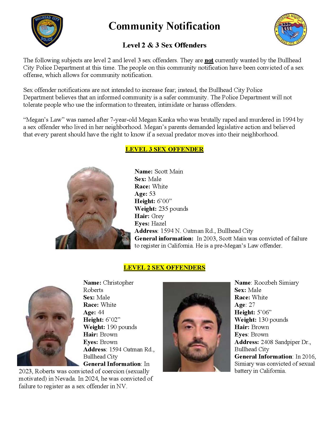Bullhead SEX OFFENDER NOTIFICATION  Megan s Law requires law  
