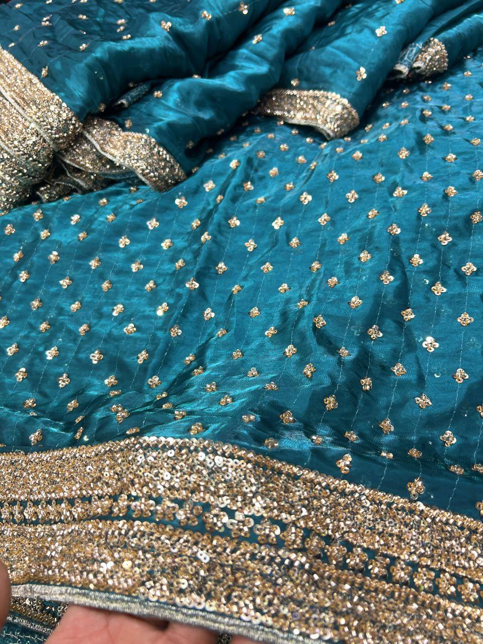 Most trending cut dana dress 2 yard full shesha silk china heavry cutdana squance shirt 2.5 yard 2side borde cutdana dupta with plain silk trouser