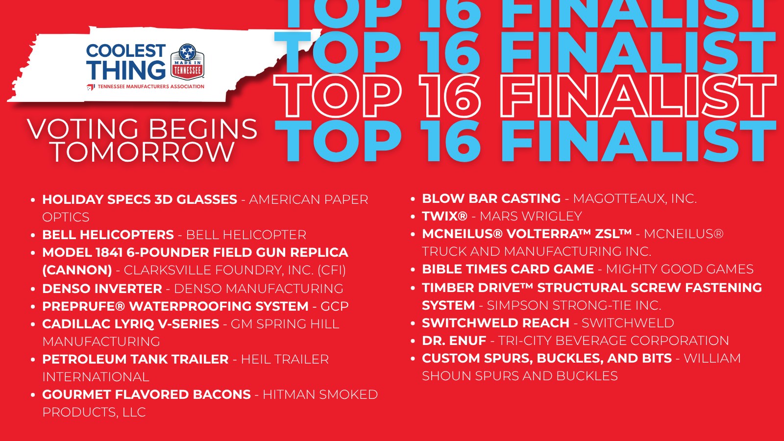 Tennessee - We’re excited to announce the Top 16 finalists in the 2025 ...