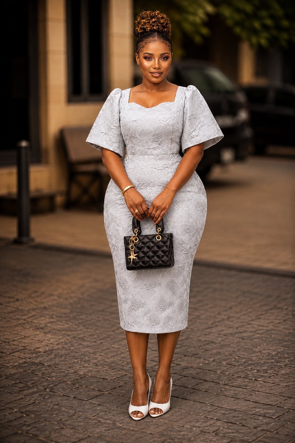Graceful grey lace midi dress with puff sleeves and a tailored fit for timeless elegance. 🤍 #elegantstyle #ladiesfashion #classylook