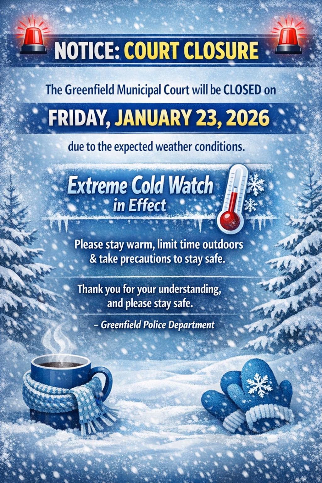Greenfield - 🚨 NOTICE: COURT CLOSURE 🚨 Friday, January 23, 2026 | Facebook
