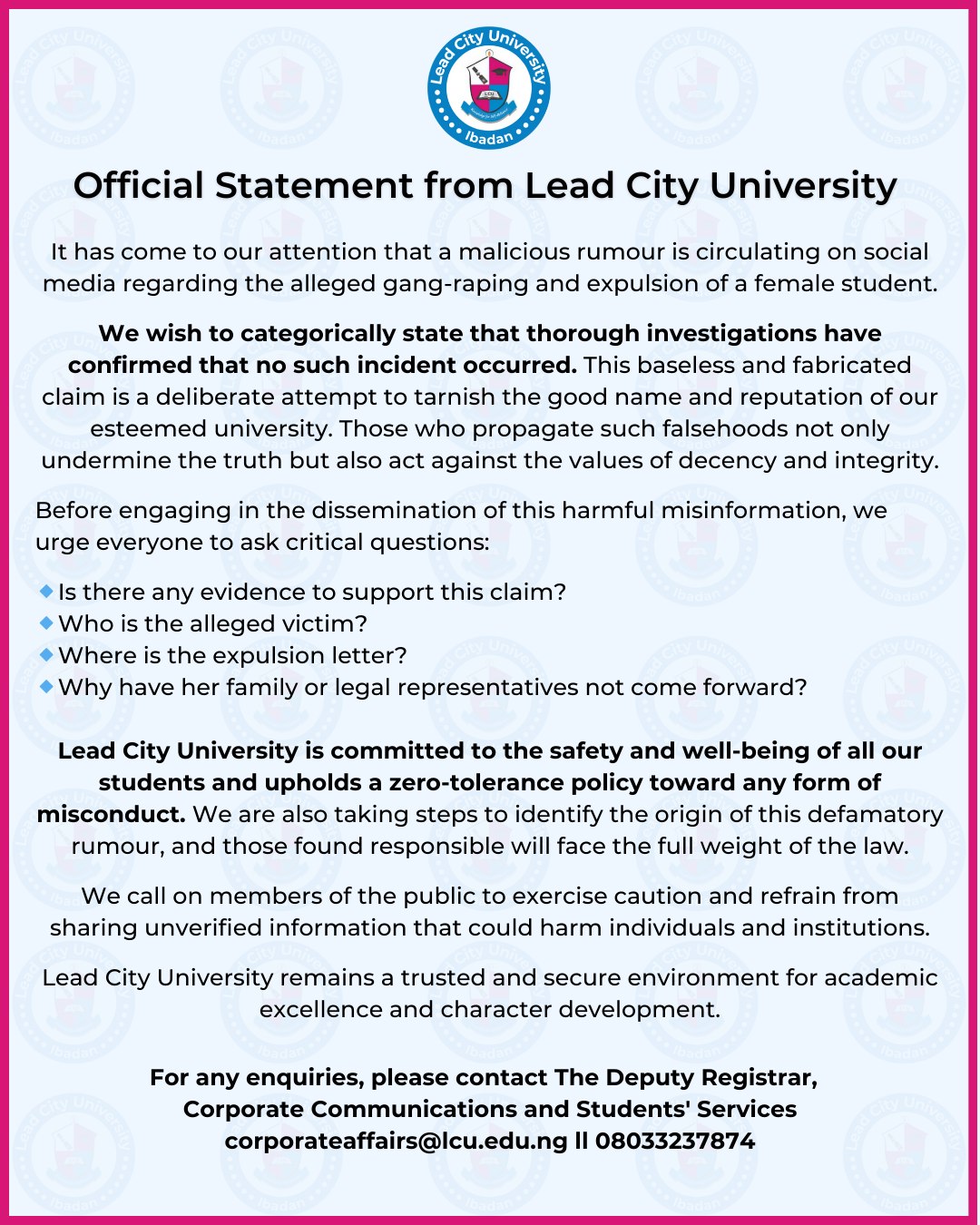 Lead - Official Statement from Lead City University It has come to our ...