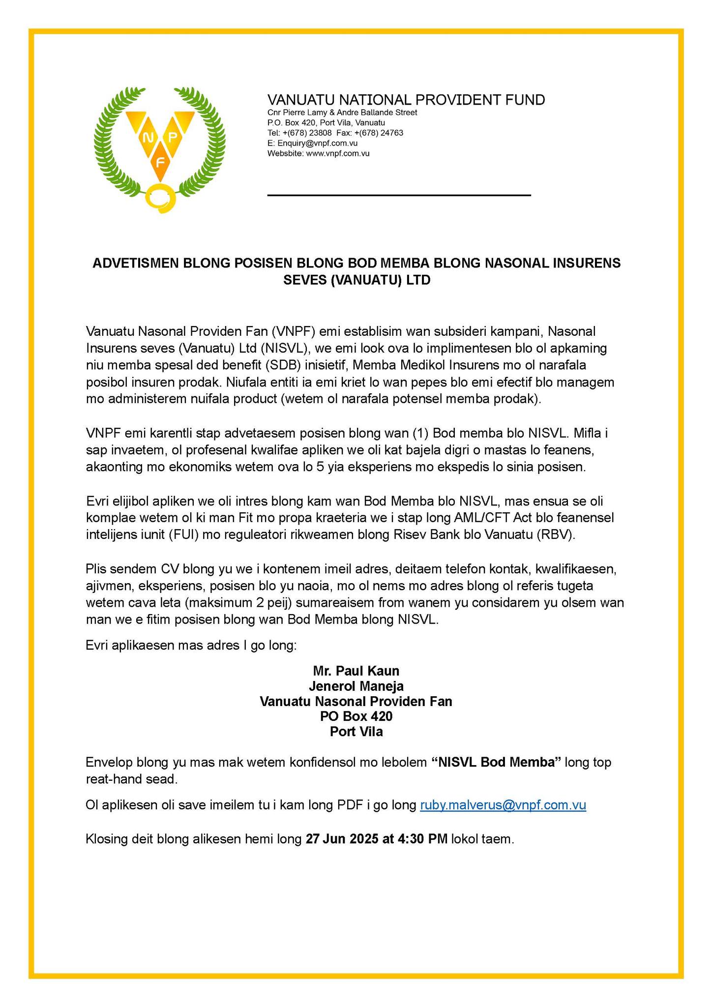 Vanuatu National... - Vanuatu National Provident Fund