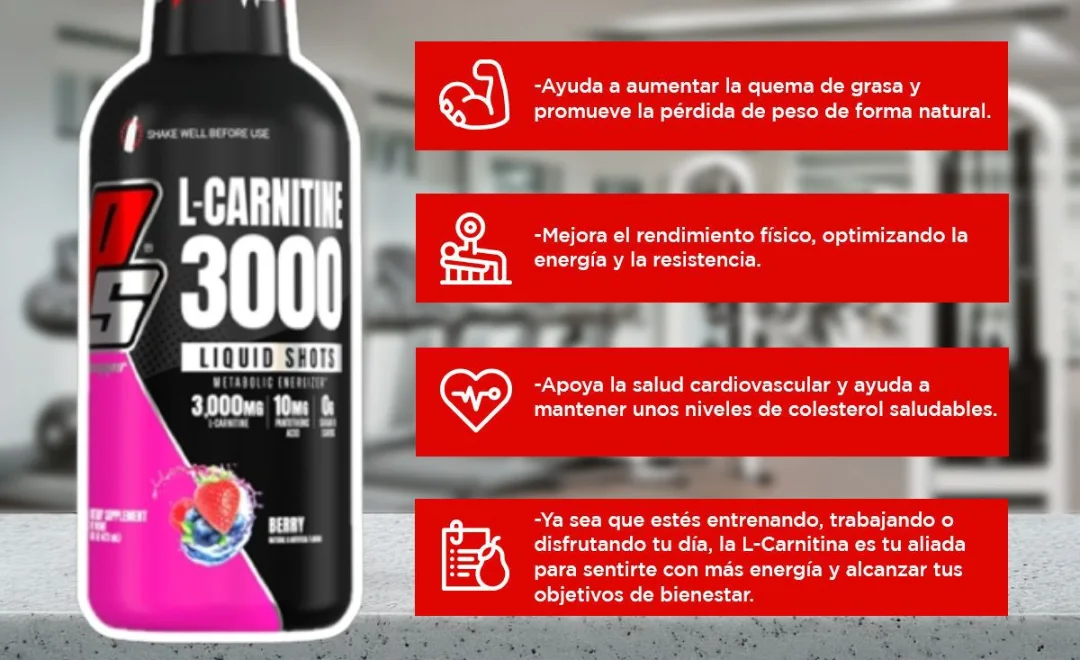 L-Carnitine 3000 🔥 es un suplemento que ayuda a quemar grasa 💪 y aumentar la energía ⚡ al llevar la grasa a las células para usarla como combustible 🔋. Se toma en