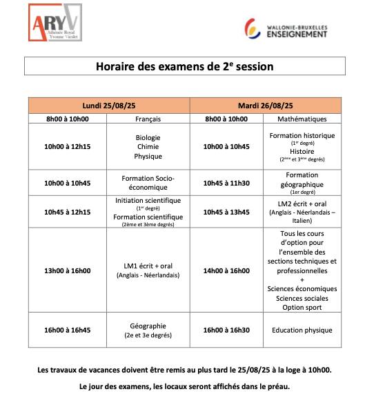 Athénée - [Secondaire] Pour les distraits, voici l'horaire des examens ...