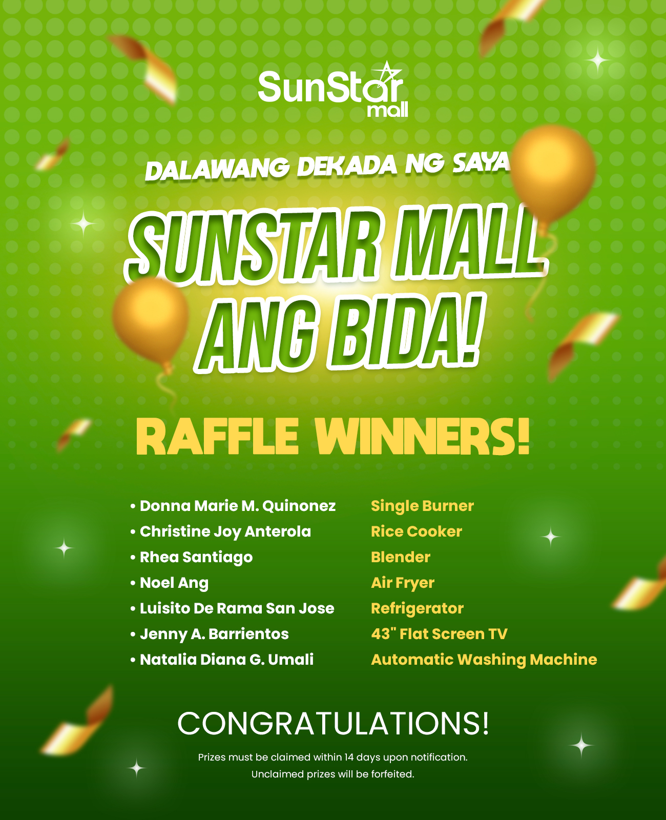 SunStar Mall - 🎉 ANNIVERSARY RAFFLE WINNERS! 🎉 ... | Facebook