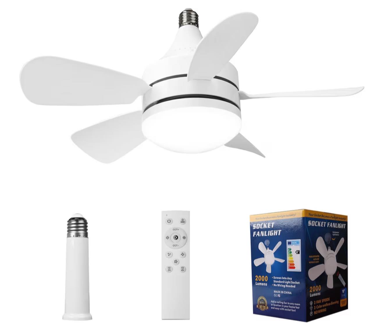 Socket Ceiling Fan With Lights And Remote, Dimmable And Timed, 3 Adjustable Colors 3000K-6500K, 2000 Lumens, Screw-in For Bedroom, Kitchen, Living Room
