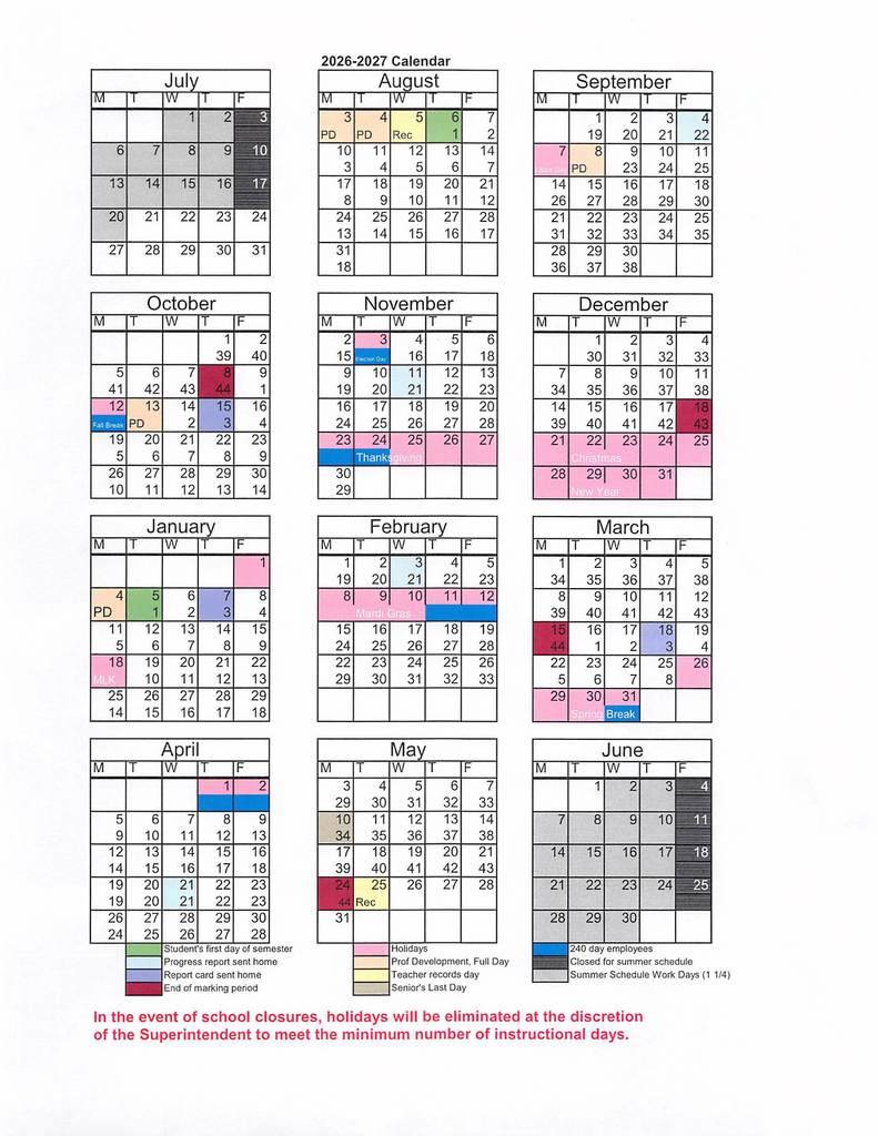 Lafourche Parish School Sports Calendar and Academic Schedule