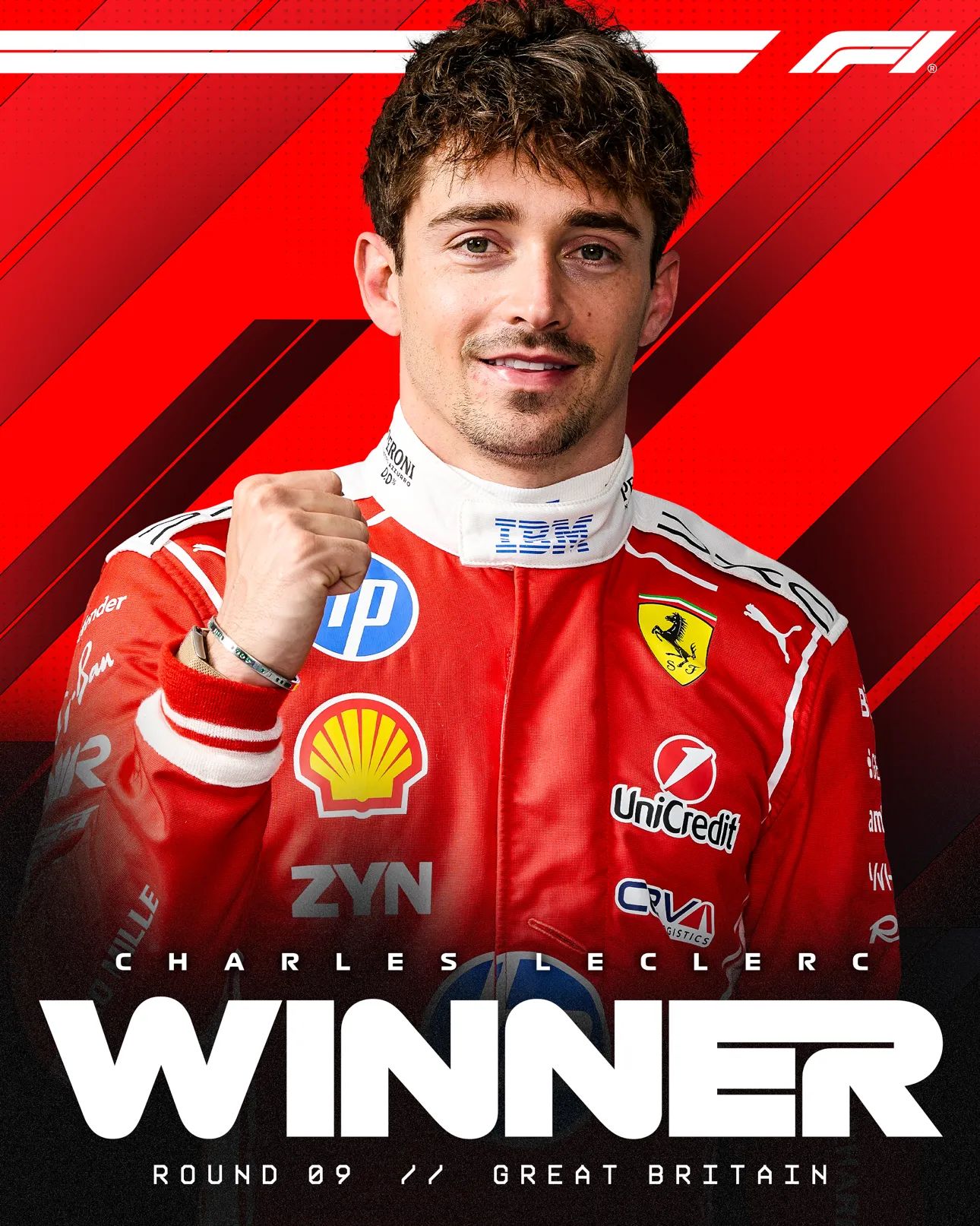 Charles Leclerc celebrating with Ferrari after winning the British