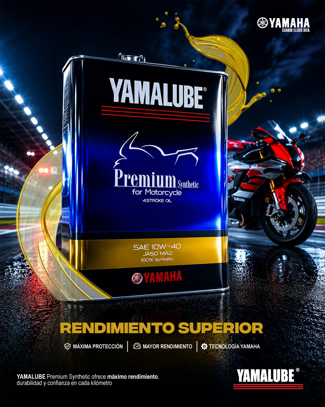 Con YAMALUBE Premium Synthetic 10W-40, disfrutá de máximo