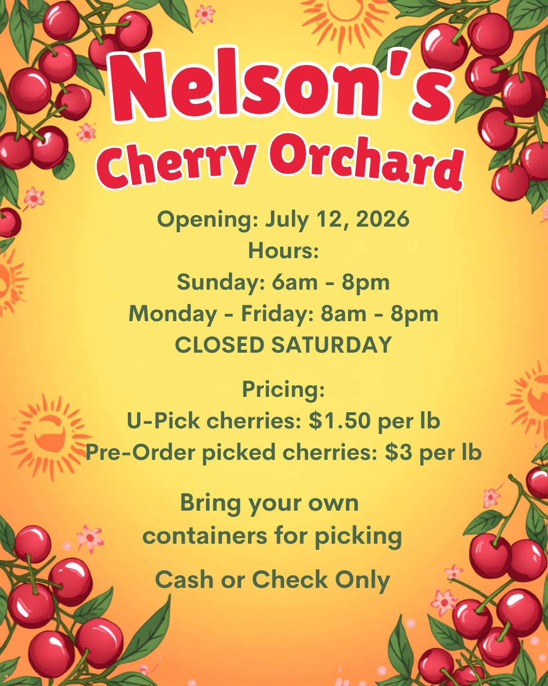 Nelson's U-Pick Cherry Orchard in Pullman, WA opens July 12, 2026