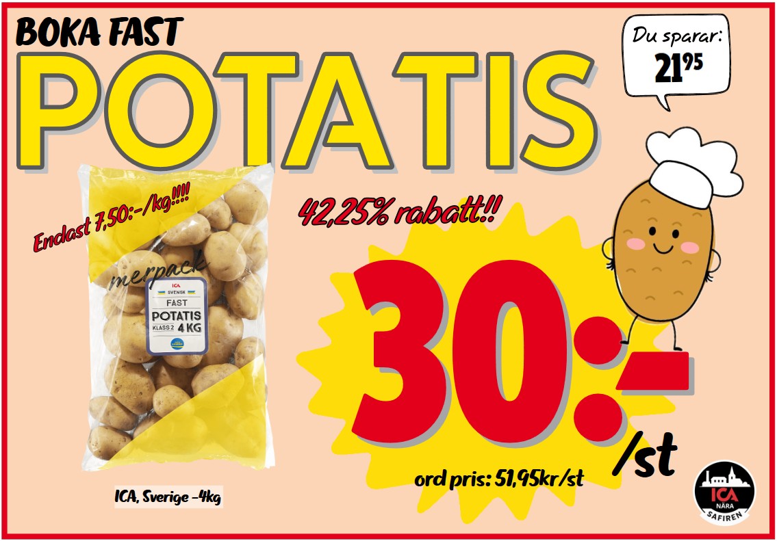 ICA Safiren - 🥔BOKA FAST POTATIS 🥔 Boka fast potatis 4kg... | Facebook