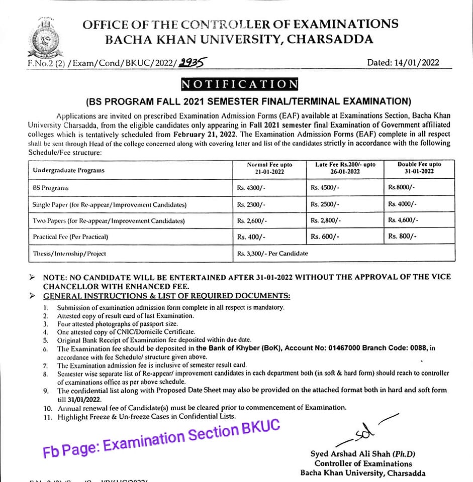 BS Program Fall 2021 Semester... - Examination Section BKUC