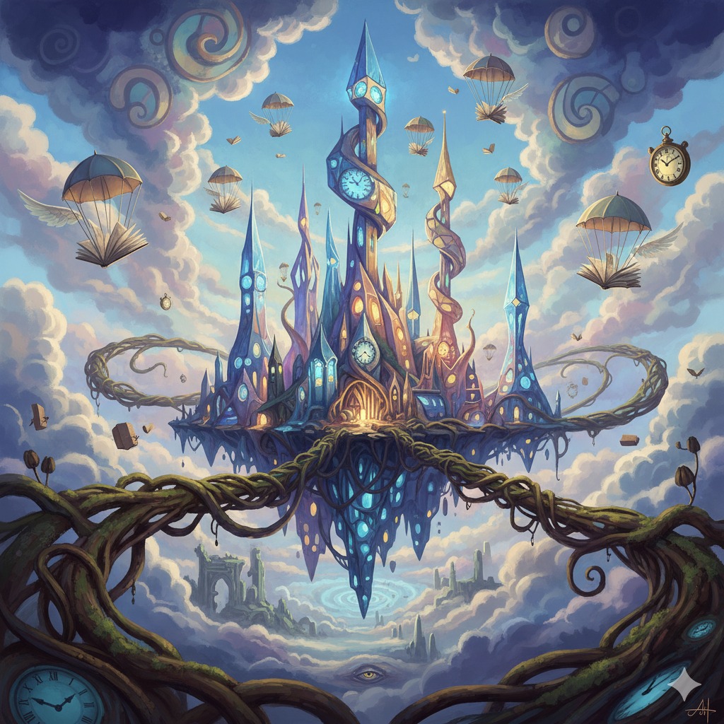 AMOK - A surreal fantasy scene of a floating city in the clouds, with ...