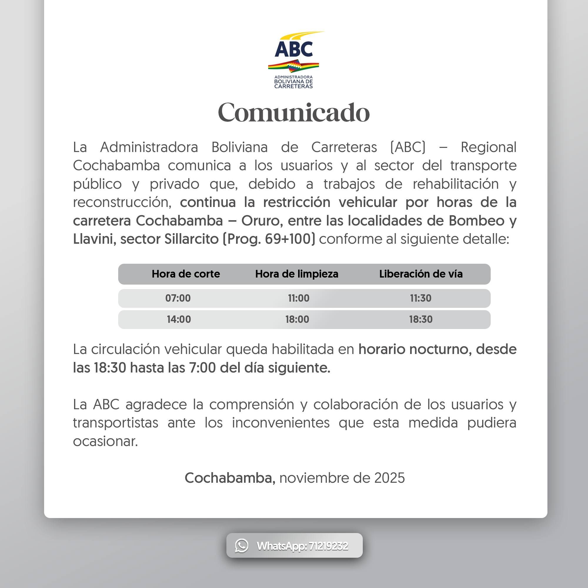 ABC habilita circulación vehicular... - Los Tiempos Digital | Facebook