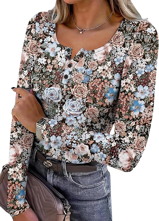 A.Jesdani Plus Size Tunic Top - Long Sleeve Floral Print, Henley V-Neck, Casual Blouse, Navy, Size 2X