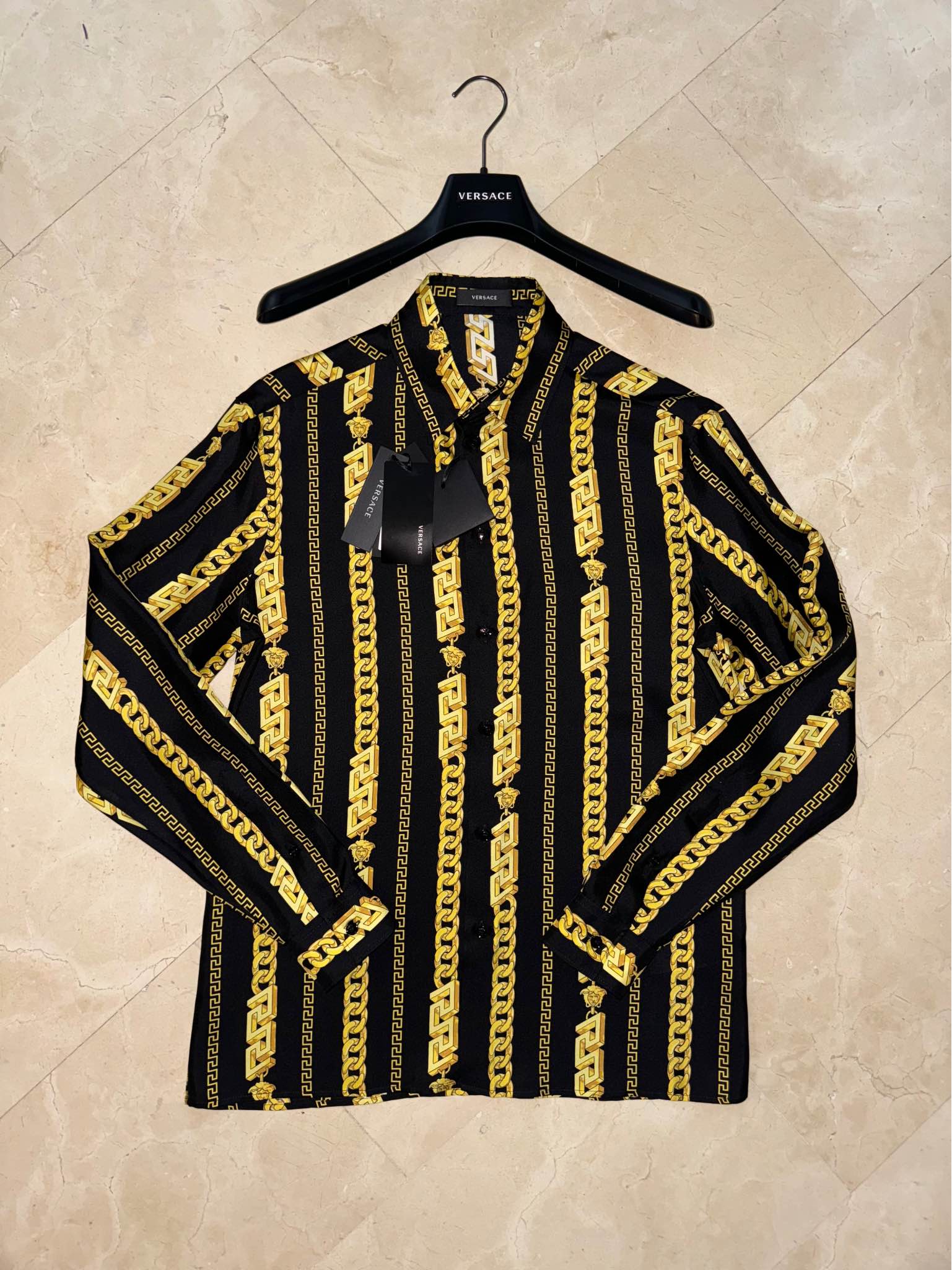 Versace Silk Medusa Chain Shirt Size 48 (M) in black & gold Brand 