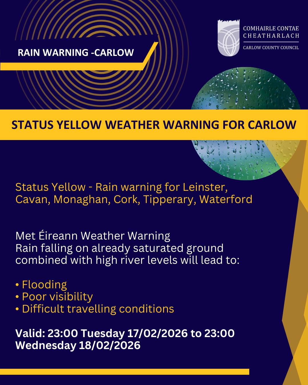 Carlow - Met Éireann has issued a Status Yellow - Rain warning for ...