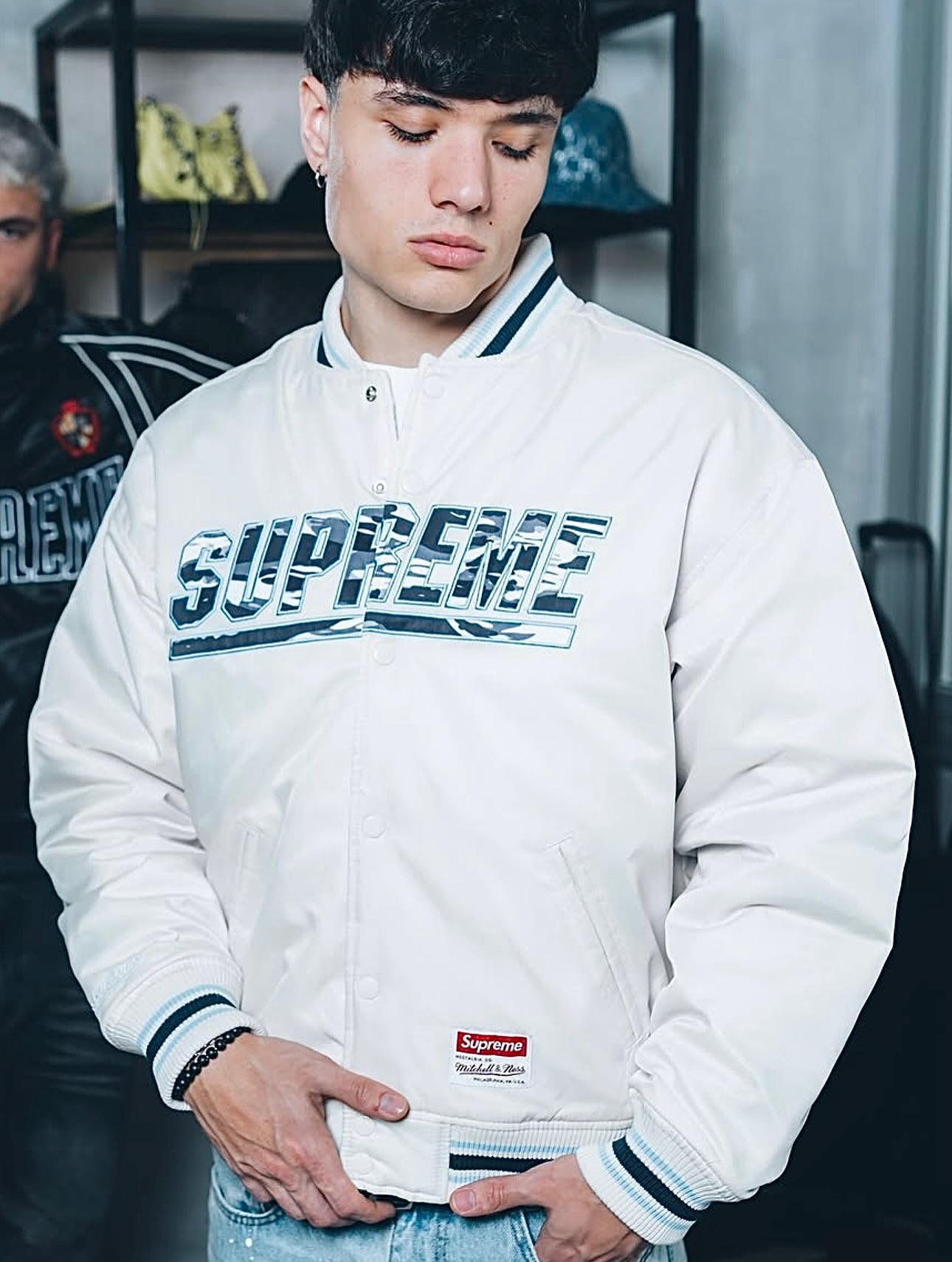 Supreme Mitchell & Ness Camo Logo Varsity Jacket White ? Solo 