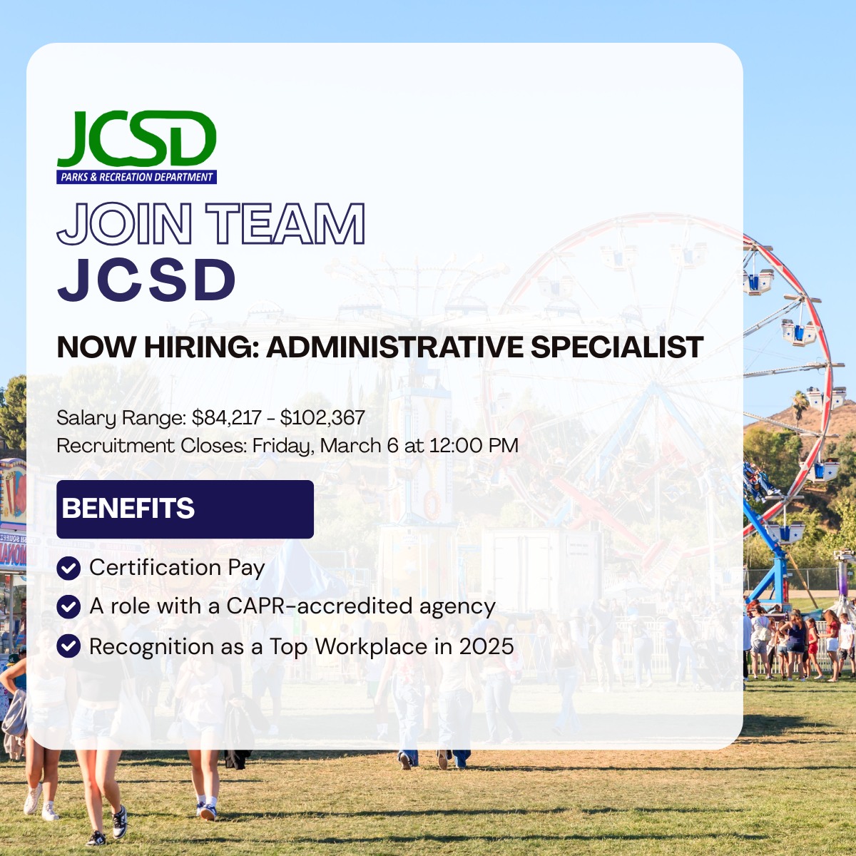 🚨 We’re Hiring! 🚨... - JCSD Parks & Recreation Department | Facebook