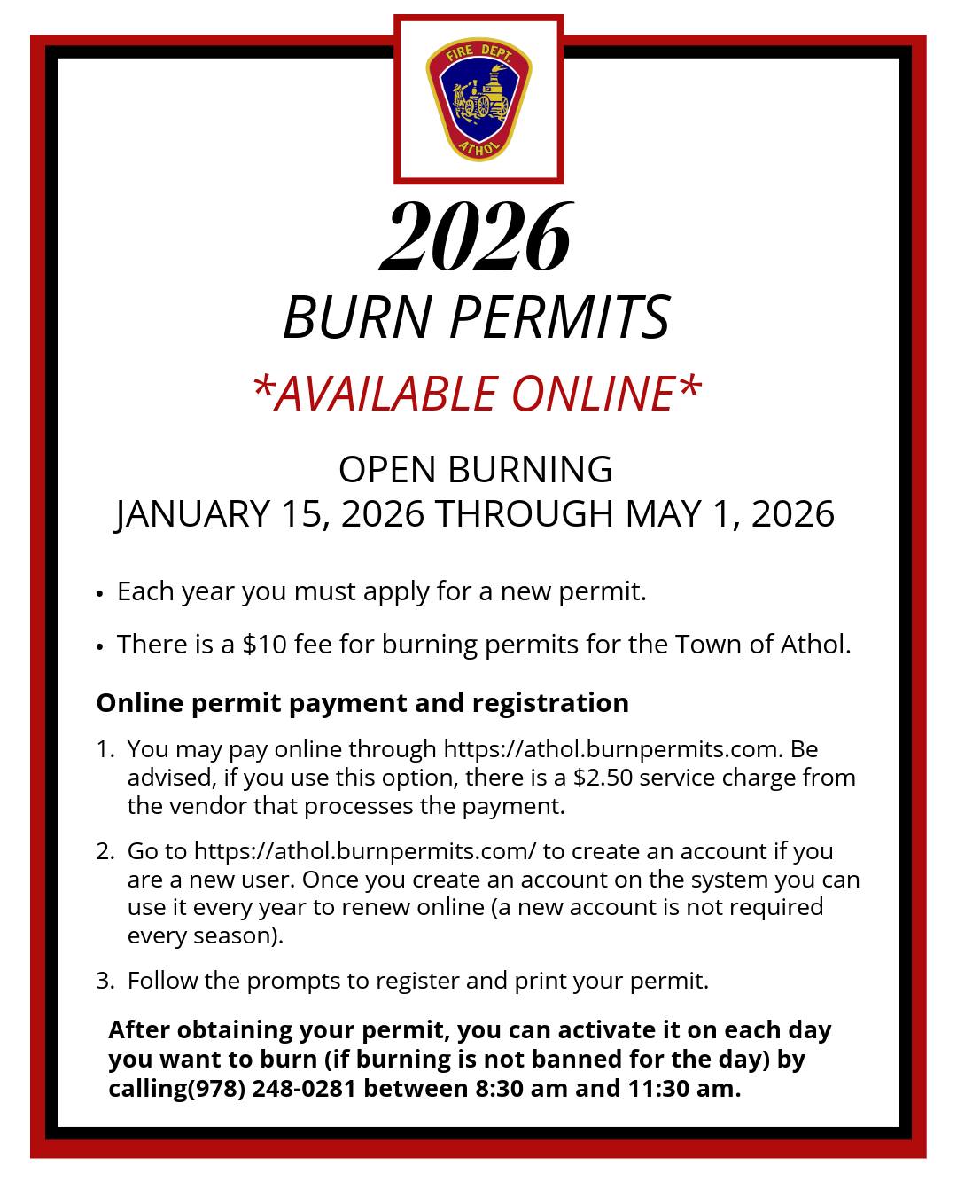 2026 open burning permits are now... - Athol Fire Department | Facebook