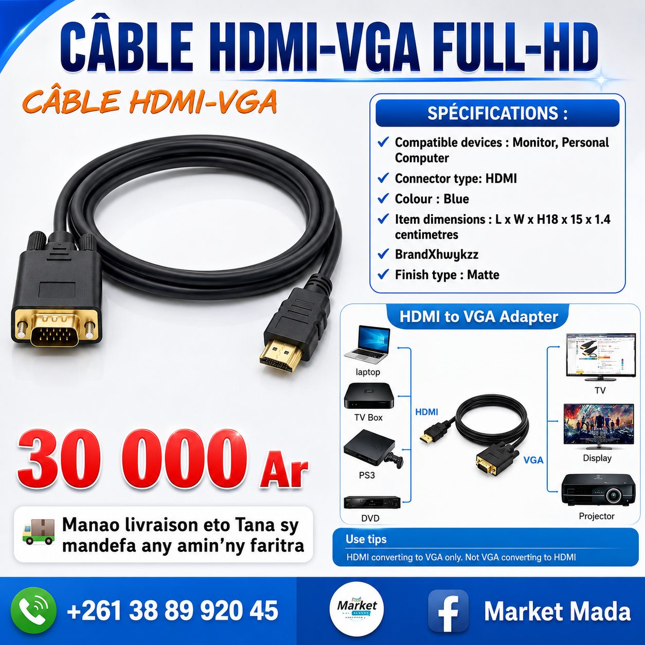 Idéal pour connecter Vos PC Compatible vidéo projecteur Câble de