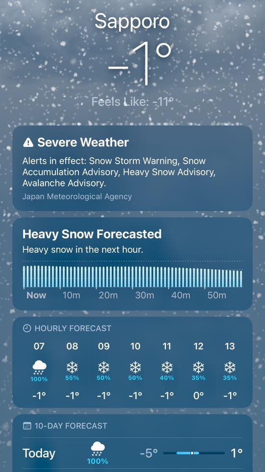 February 19, 2026 — Sapporo, Hokkaido ❄️ Snowstorm warnings