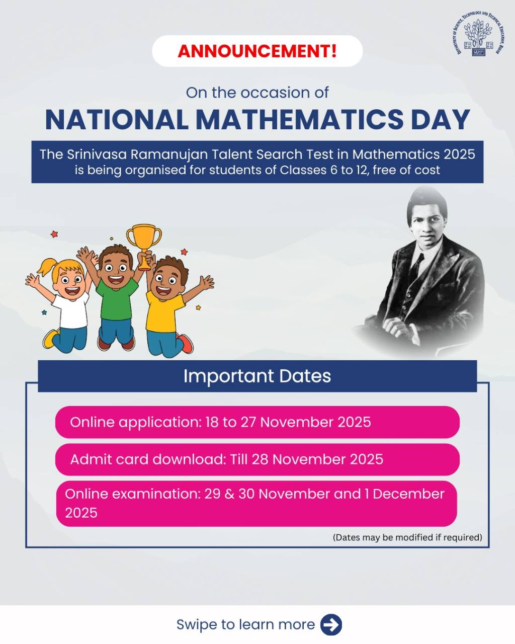 *🎉📚 Announcement: Srinivasa Ramanujan Talent Search Test in Mathematics ...