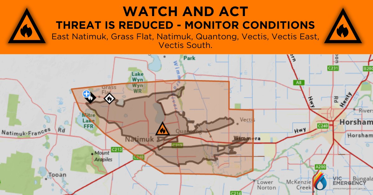 CFA - WATCH & ACT - BUSHFIRE - Threat is Reduced - Monitor Conditions ...
