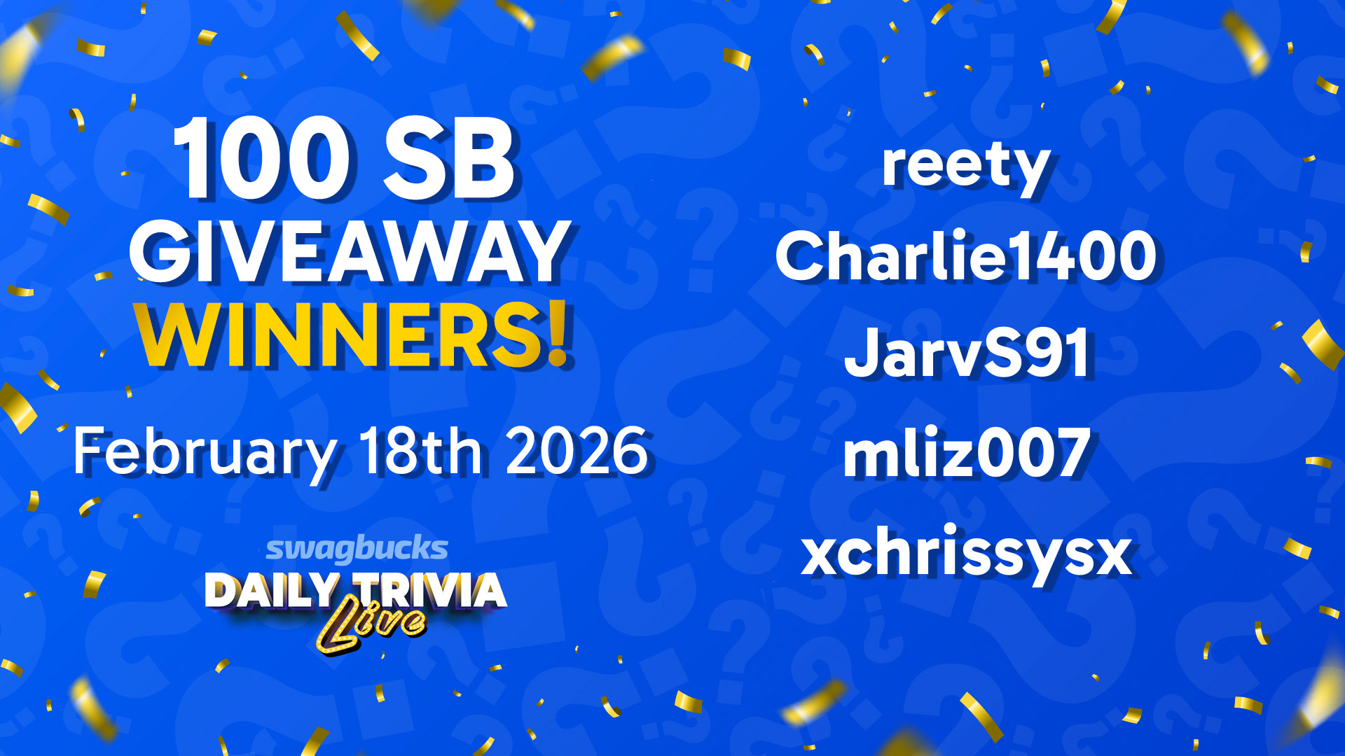 Swagbucks - Congratulations to the winners of Wednesday's Daily Trivia ...