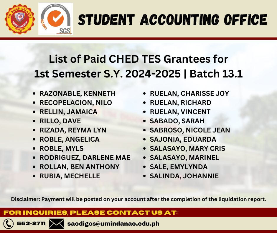 UM - CALLING THE CHED TES GRANTEES FOR 1ST SEMESTER S.Y. 2024-2025 ...