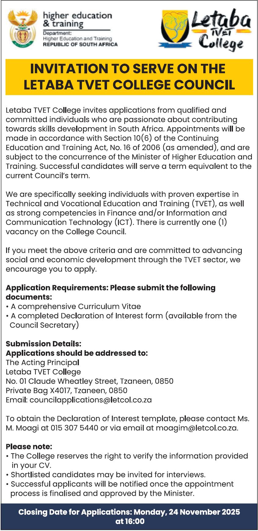 Letaba - 🎓 CALL FOR APPLICATIONS: Serve on the Letaba TVET College ...