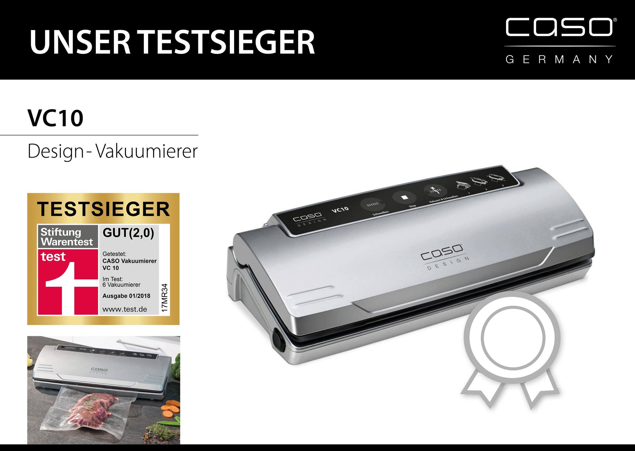 TESTSIEGER VC10 – unser Kleiner ganz groß! In der letzten Ausgabe der Stiftung Warentest wurden 6 Vakuumierer getestet. Unser Vakuumierer VC10 wurde mit der Note GUT und als Testsieger ausgezeichnet. Wir freuen
