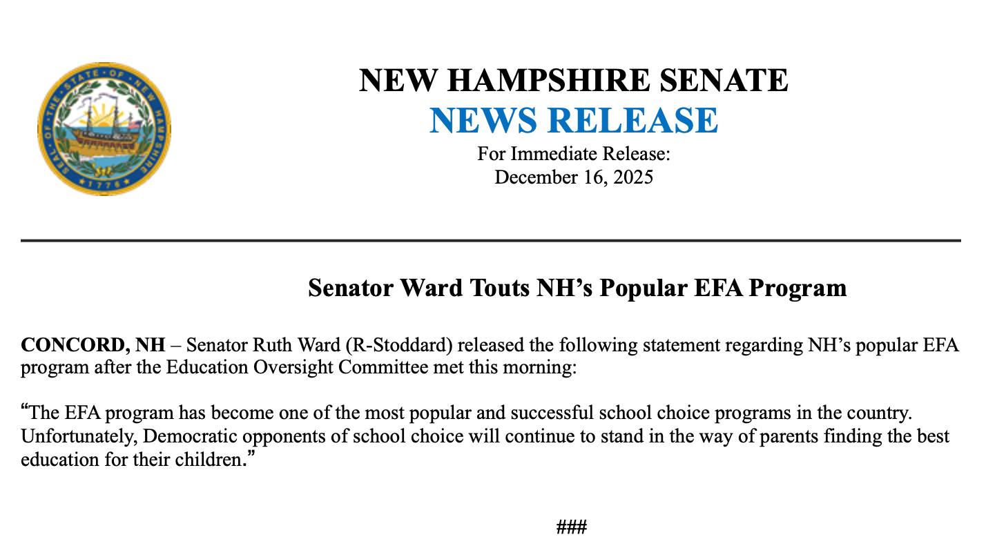 New - Senator Ruth Ward for Senate (R-Stoddard) released the following ...