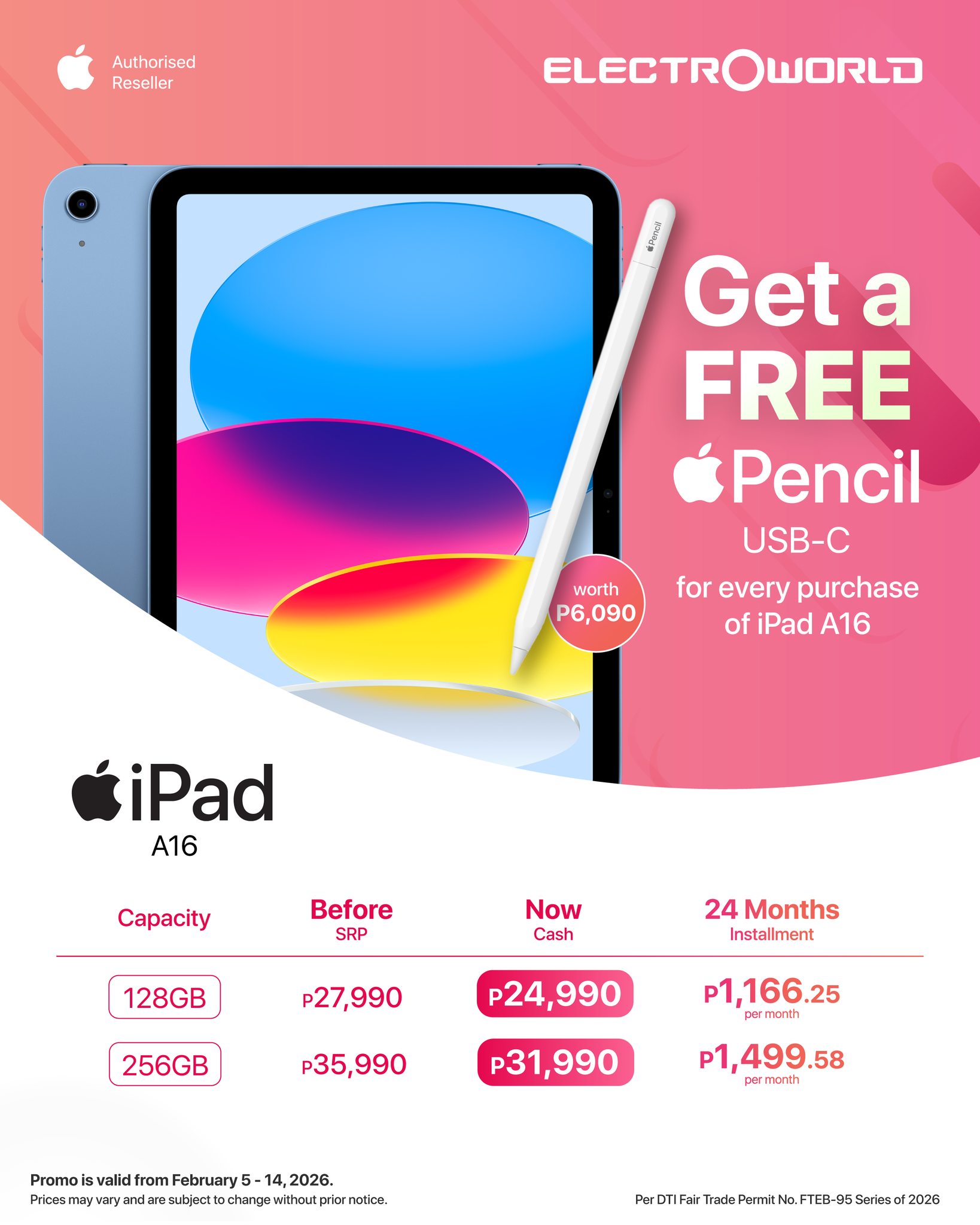 ? FREE Apple Pencil worth ₱6,090! Get the new iPad A16 and 